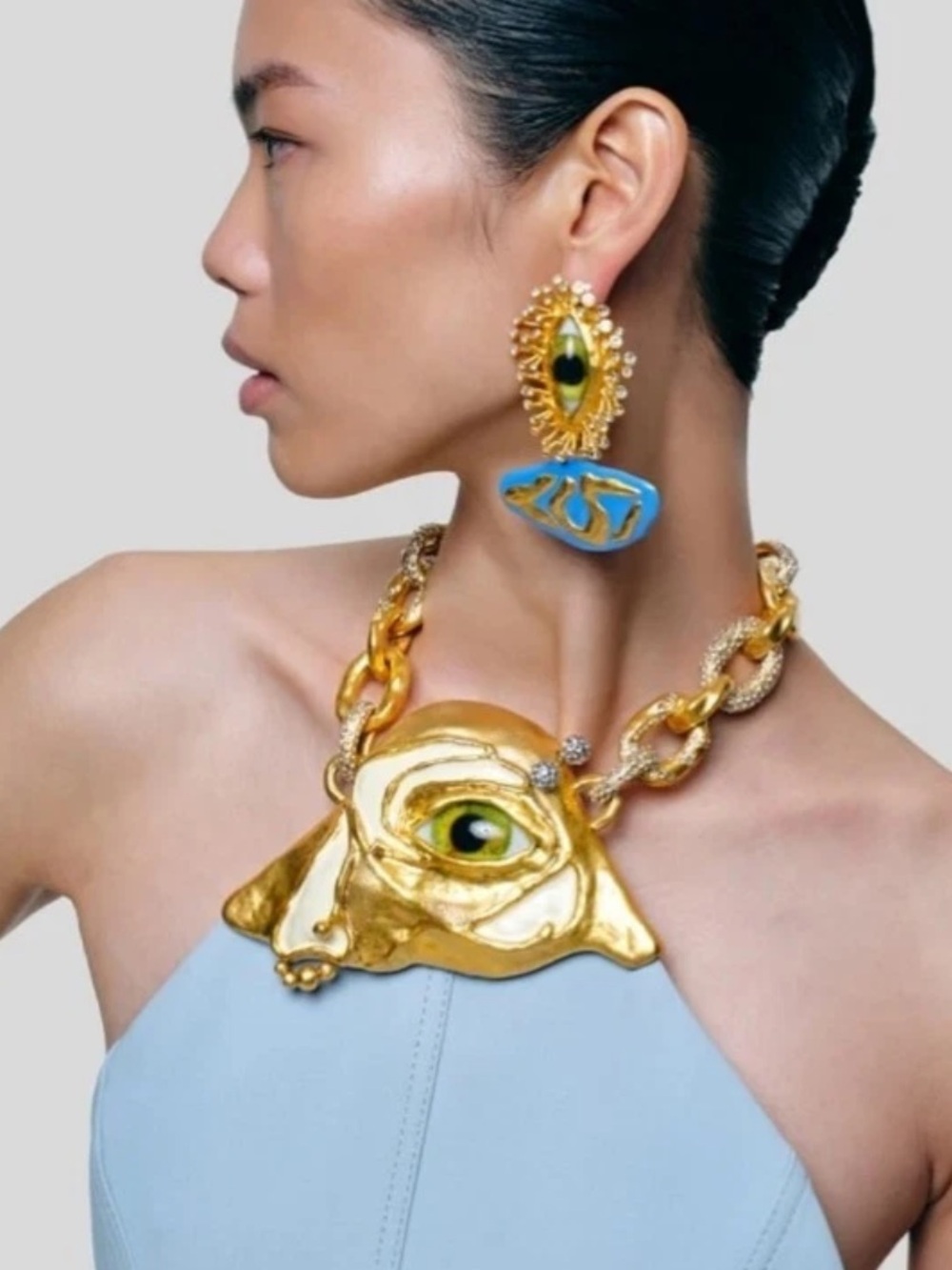 Vintage Gold Eye Pendant Necklace with Blue and Green Accents